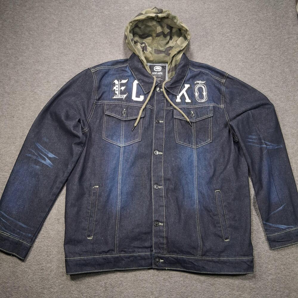 Ecko Unltd Denim Jacket Mens 2XL Blue Camo Hooded Button Front Streetwear